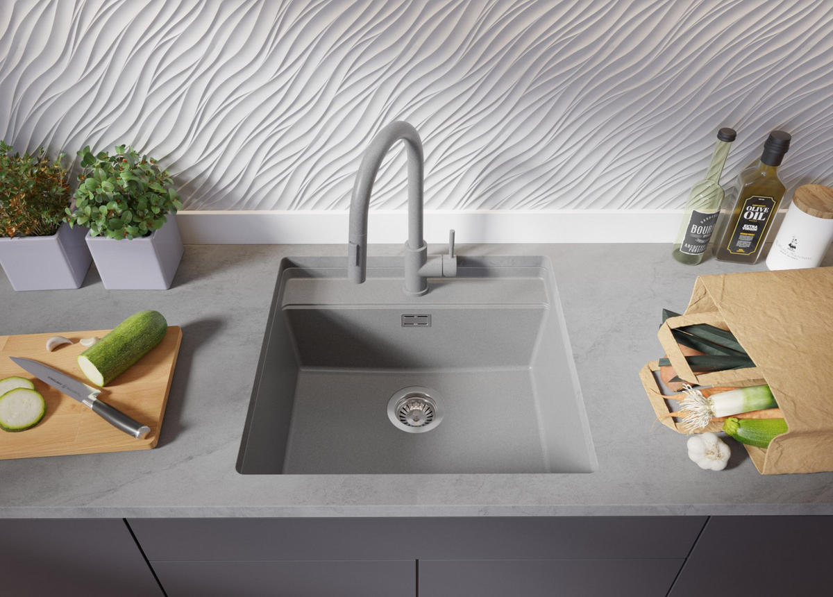 UNTERBAUSPÜLE GRANIT Bergen, 2-er set Grau 56/53 cm 1 Becken + Küchenarmatur 38/14 cm + Ablauf-Set + Schneidebrett ab 60er Unterschrank - Chromfarben/Beige, Kunststoff (56/20/53cm) - Primagran