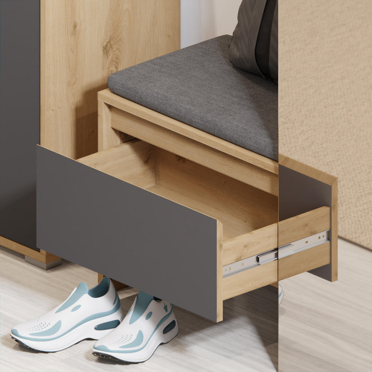 KOMPAKTGARDEROBE grau, Eiche 90 x 189 cm, Garderobe mit Spiegel - Eichefarben/Grau, Holzwerkstoff (90/189/39cm) - Inn.Furn