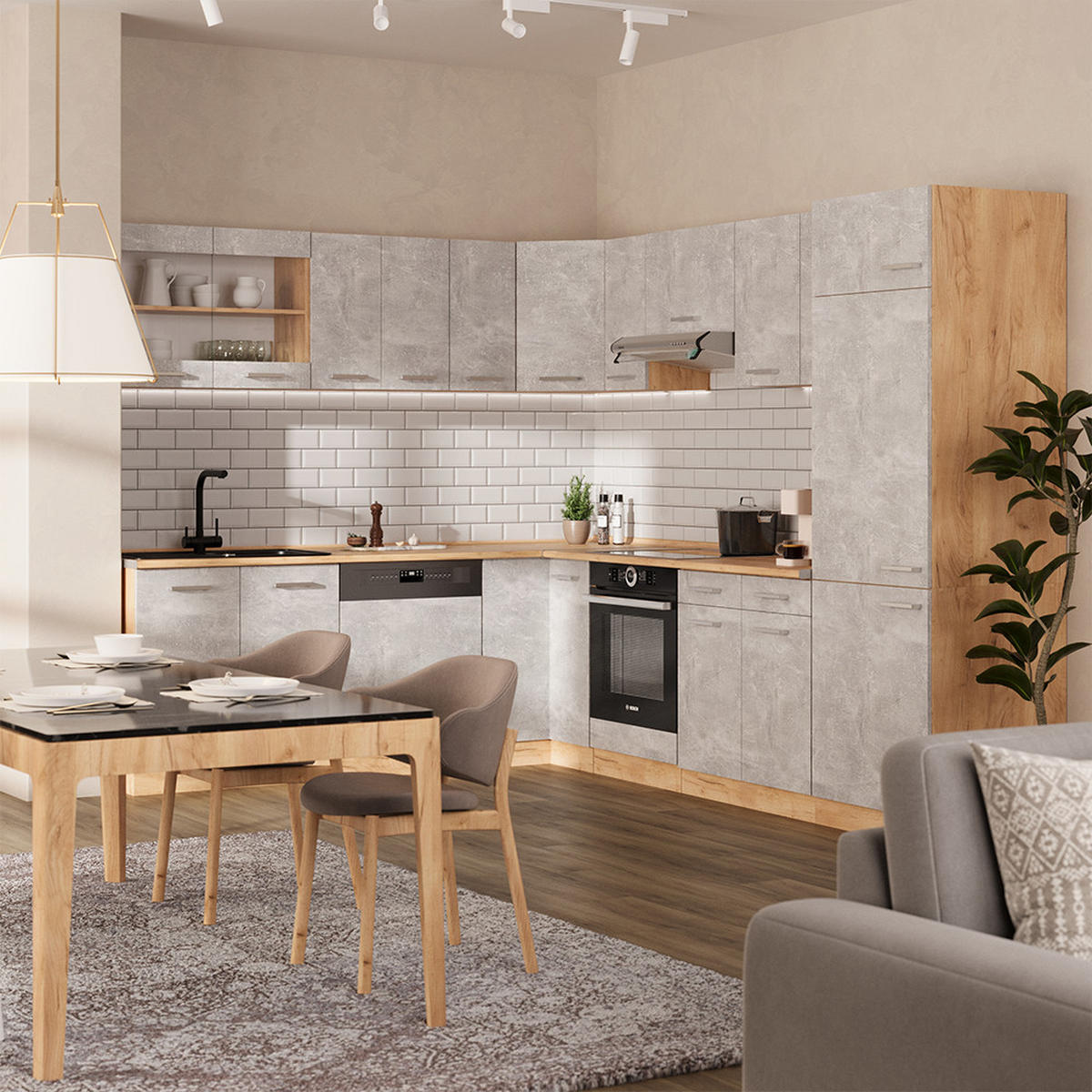 ECK-KÜCHENSCHRANK FÜR DACHSCHRÄGEN R-Line Beton 75.6 cm mit 1 Tür - Honigeiche/Schieferfarben, Holzwerkstoff (75.6/81.6/75.6cm) - Vicco