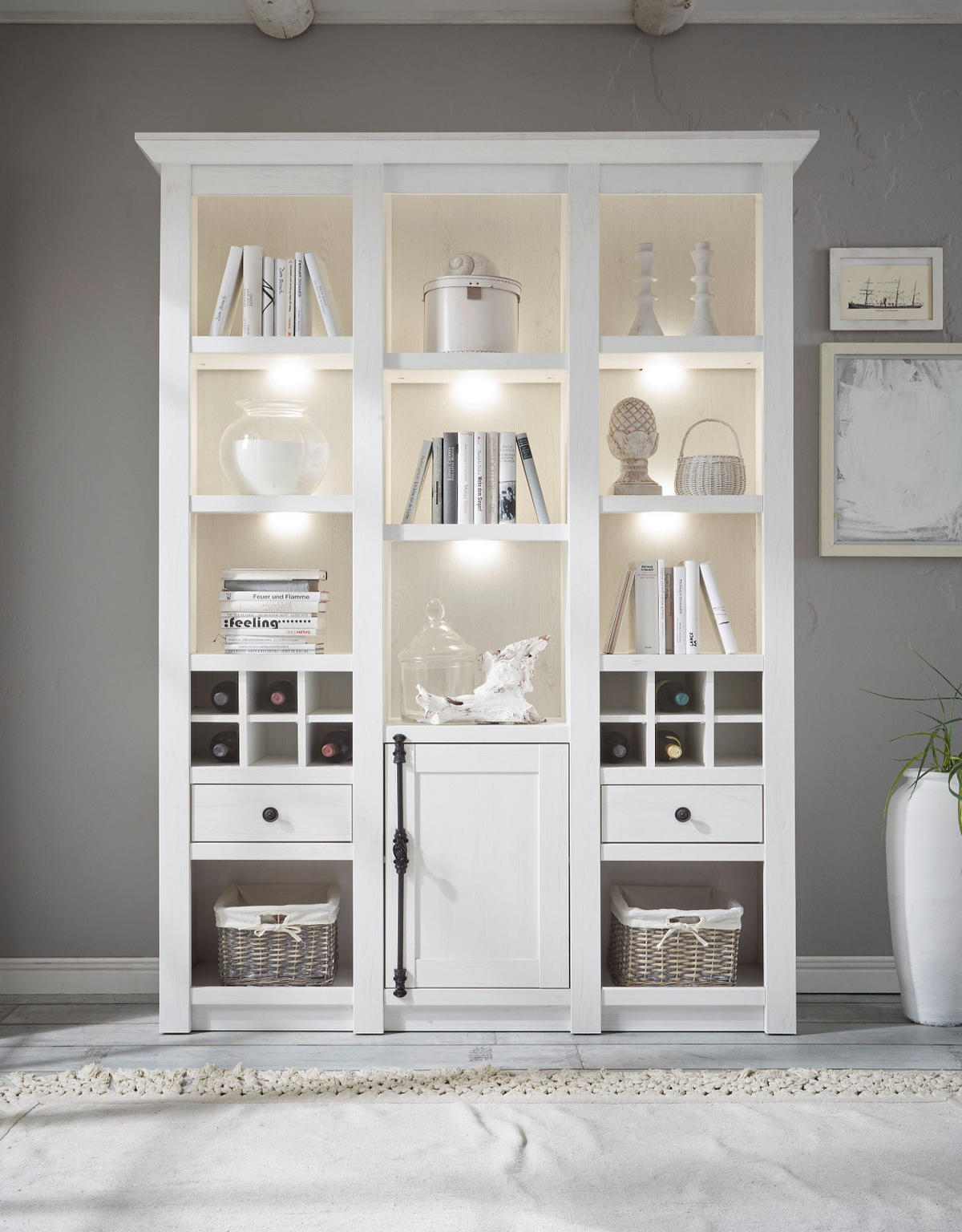 BUFFET weiß Pinie Landhaus, Buffetschrank mit Weinregal 147 x 207 cm - Anthrazit/Weiß, Holzwerkstoff/Metall (147/207/45cm) - Furn.Design