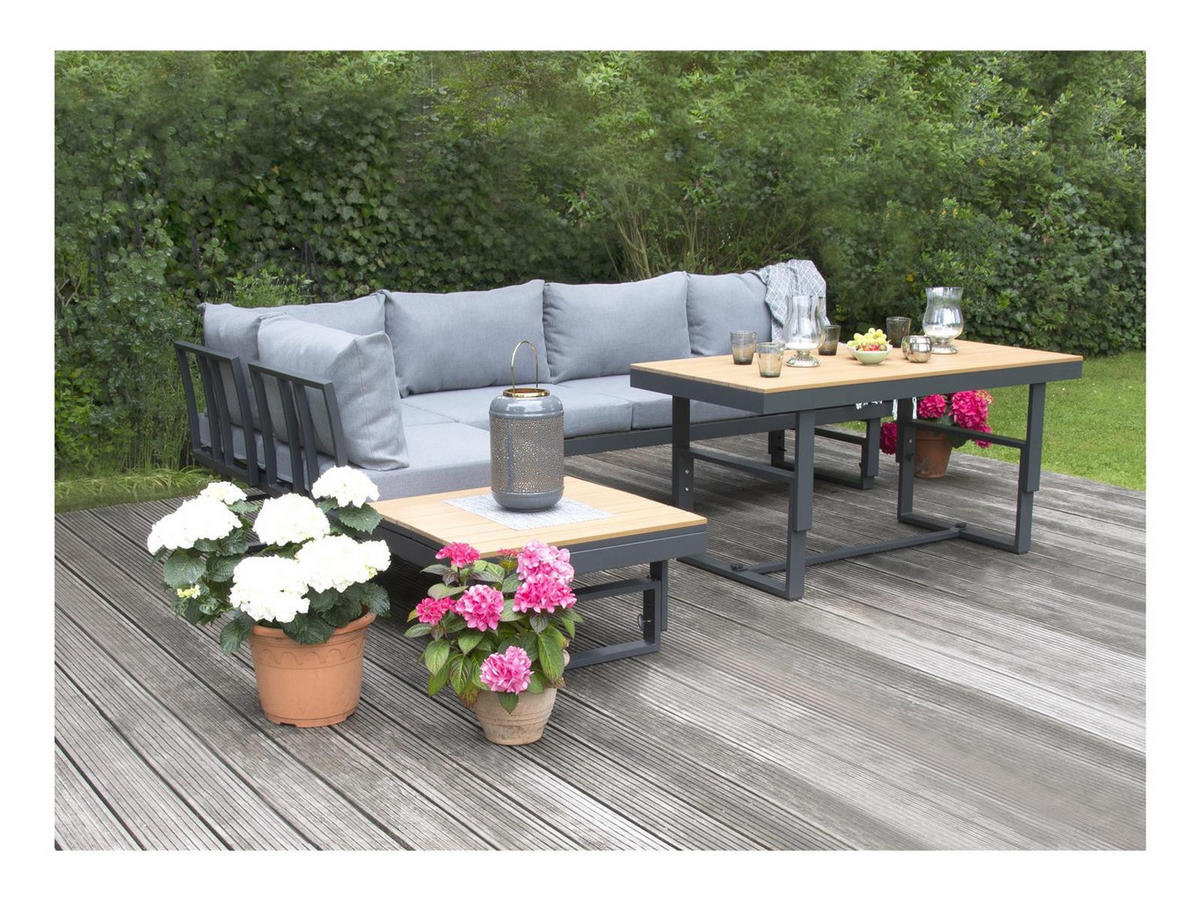 GARTENLOUNGE-SET Piazza Grau Aluminium höhenverstellbarer Tisch für 6 Personen - Grau, Kunststoff - Green Spirit