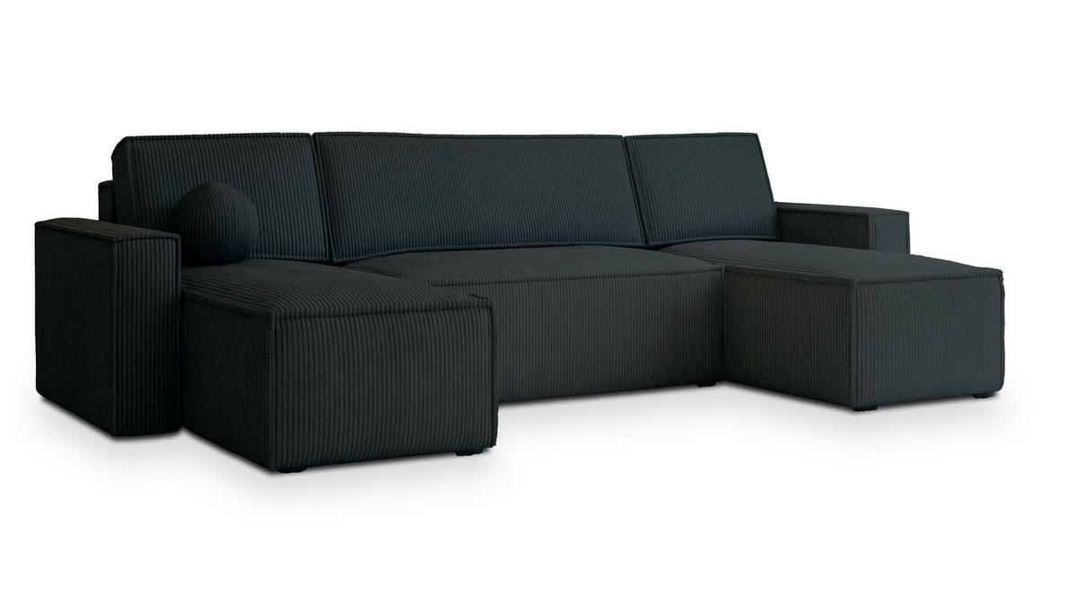 WOHNLANDSCHAFT PESANO P Schwarz Kordstoff mit Schlaffunktion - Schwarz, Holz (306/85/140cm) - MASSENO