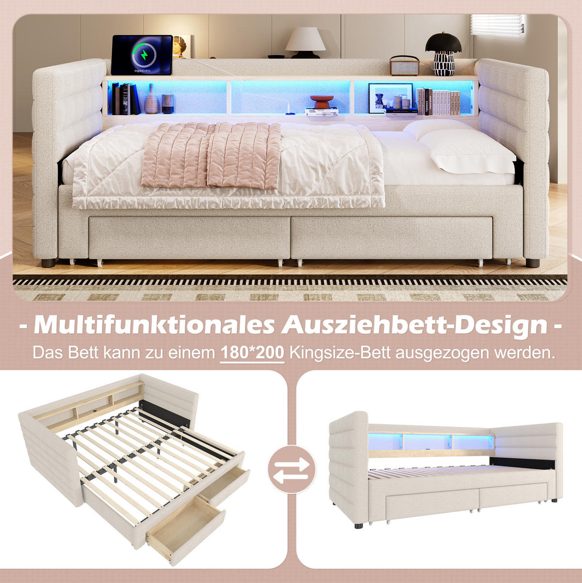 POLSTERBETT 90/190 cm in Beige mit LED-Beleuchtung und Stauraum - Beige, Textil (90/190cm) - Flora Grace