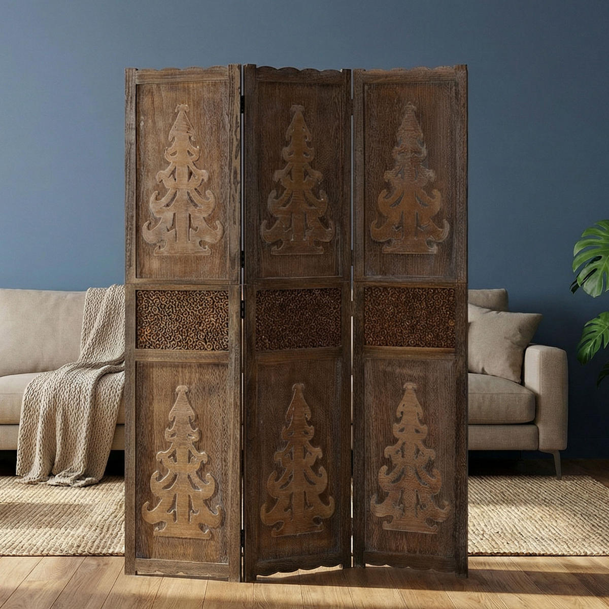 PARAVENT 3-tlg. 120/170 cm Braun Holzverzierung - Braun, Holz (120/170/2cm) - Homestyle4u