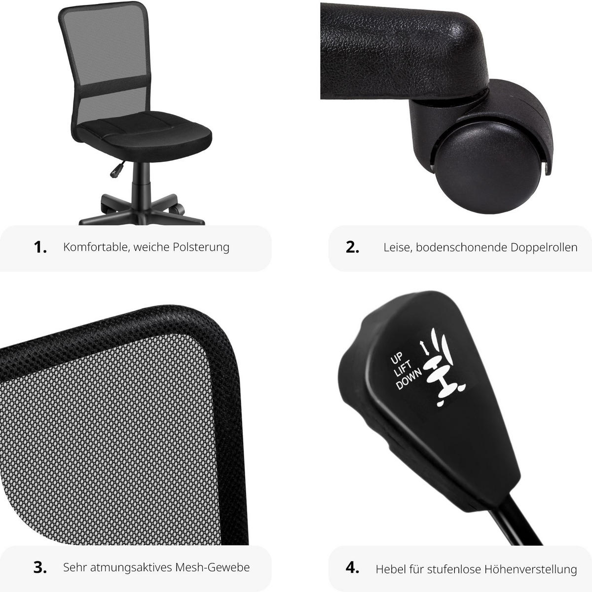 BÜROSTUHL Patrick, stufenlos höhenverstellbar, schwarz - Schwarz, Textil (50/95/43cm) - tectake