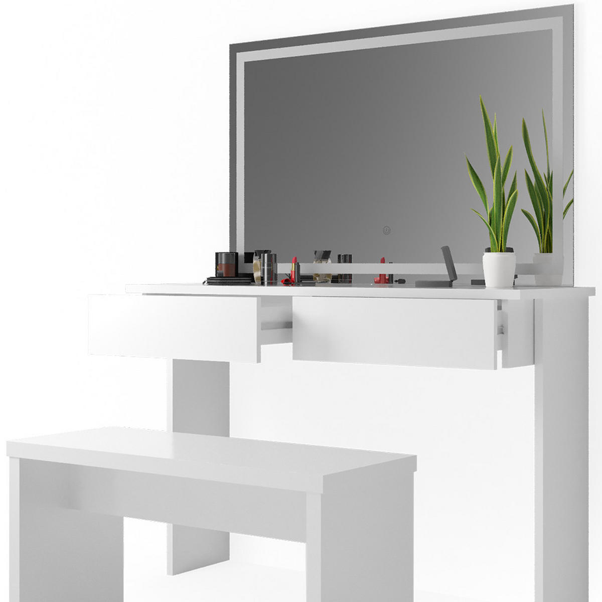 SCHMINKTISCH Azur Weiß 120 cm mit LED Spiegel und Bank - Weiß, Holzwerkstoff (120/83/40cm) - Vicco