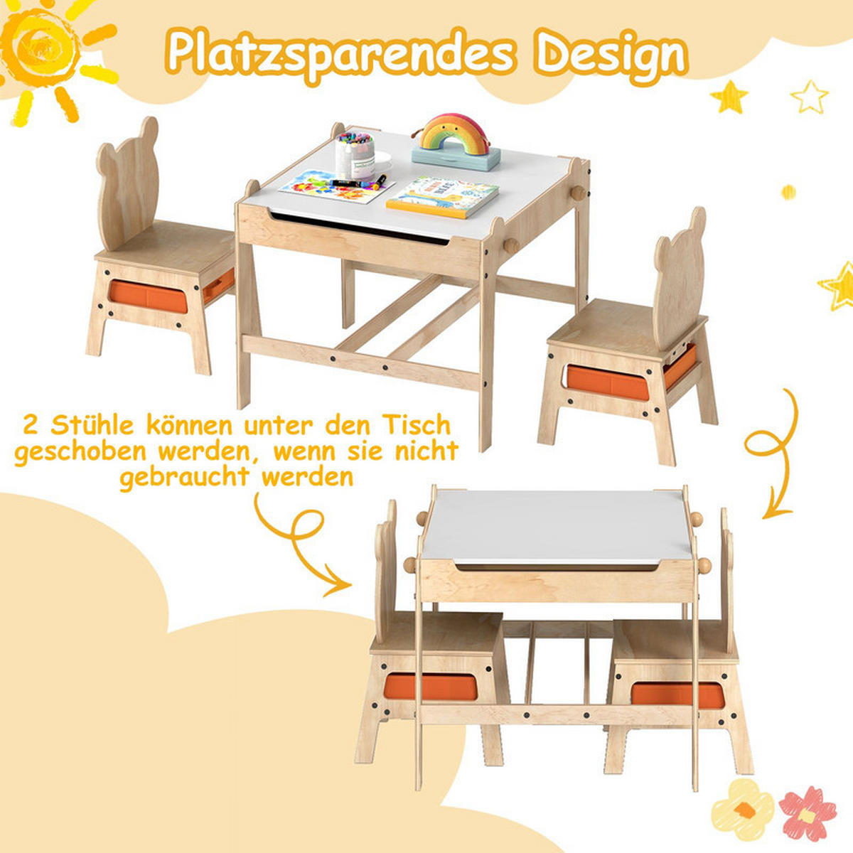 KINDERTISCH mit Stühlen natur(3-tlg) - Naturfarben, Holzwerkstoff (60/52/60cm) - COSTWAY
