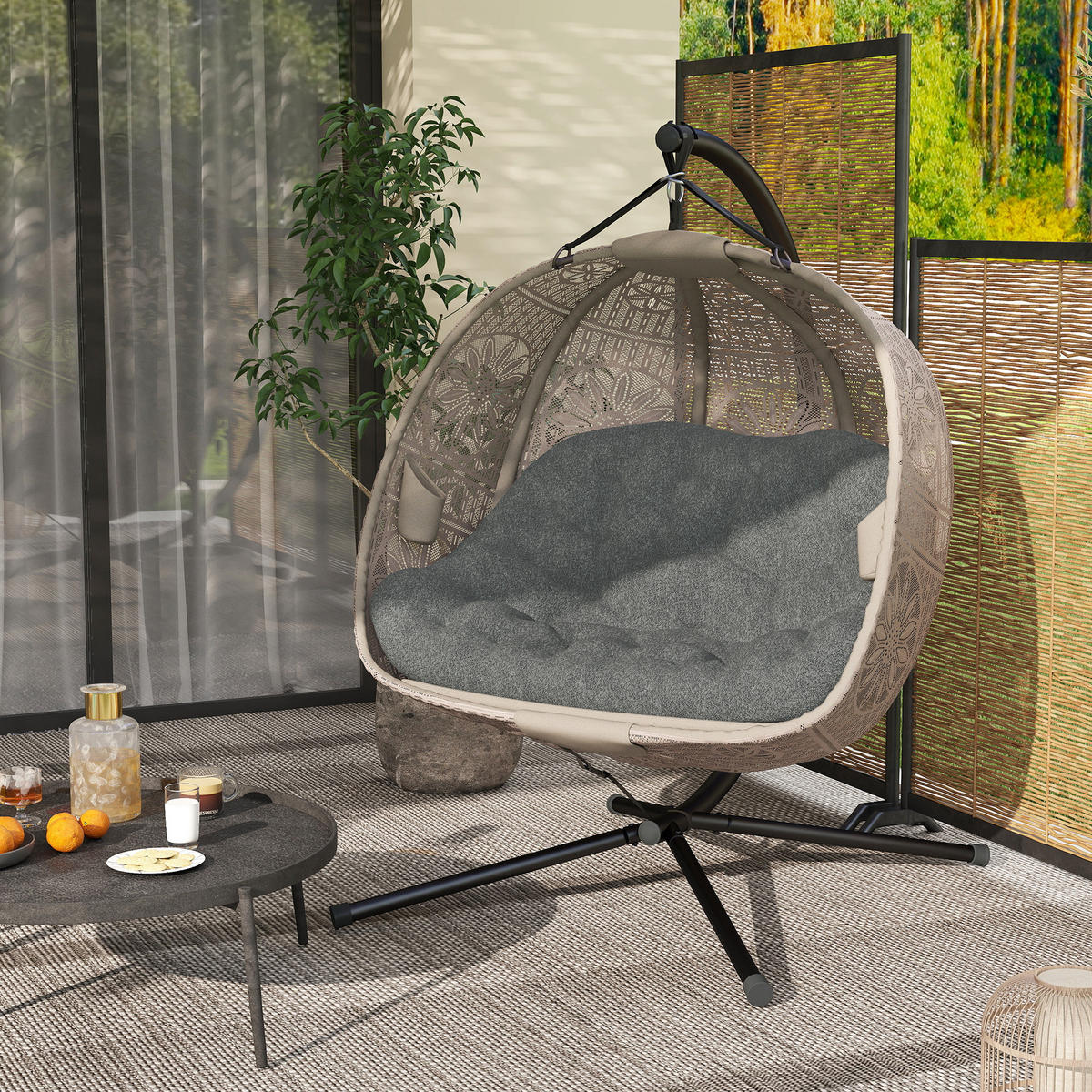 HÄNGESESSEL Mit Gestell DE-07054, faltbar Sand/Schwarz - Sandfarben/Schwarz, Textil/Metall (126/172/132cm) - ComfortXL