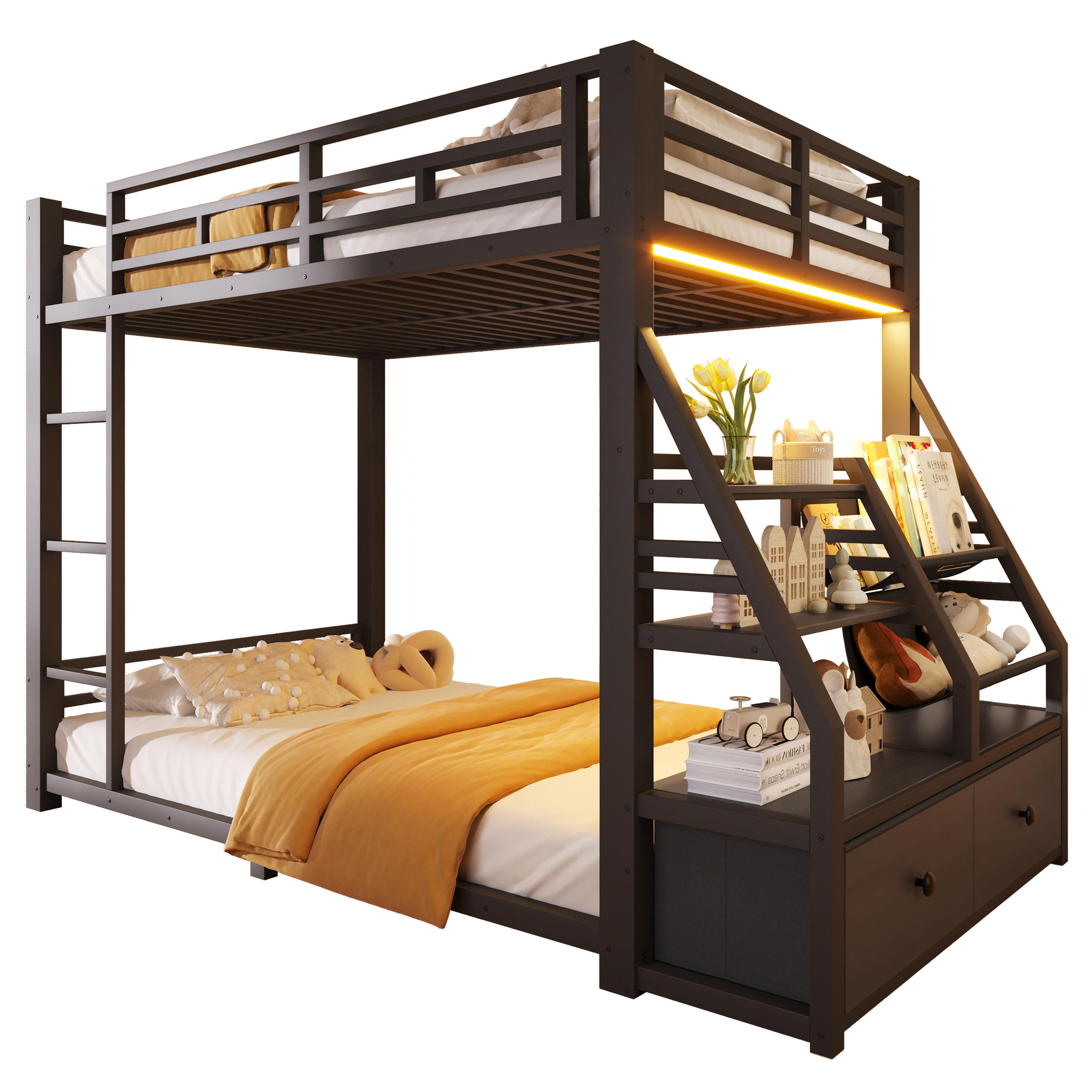 ETAGENBETT 90x200cm mit LED-Beleuchtung, mit 2 Stoffschubladen, Schwarz - Schwarz, Metall (90/200cm) - KOMHTOM