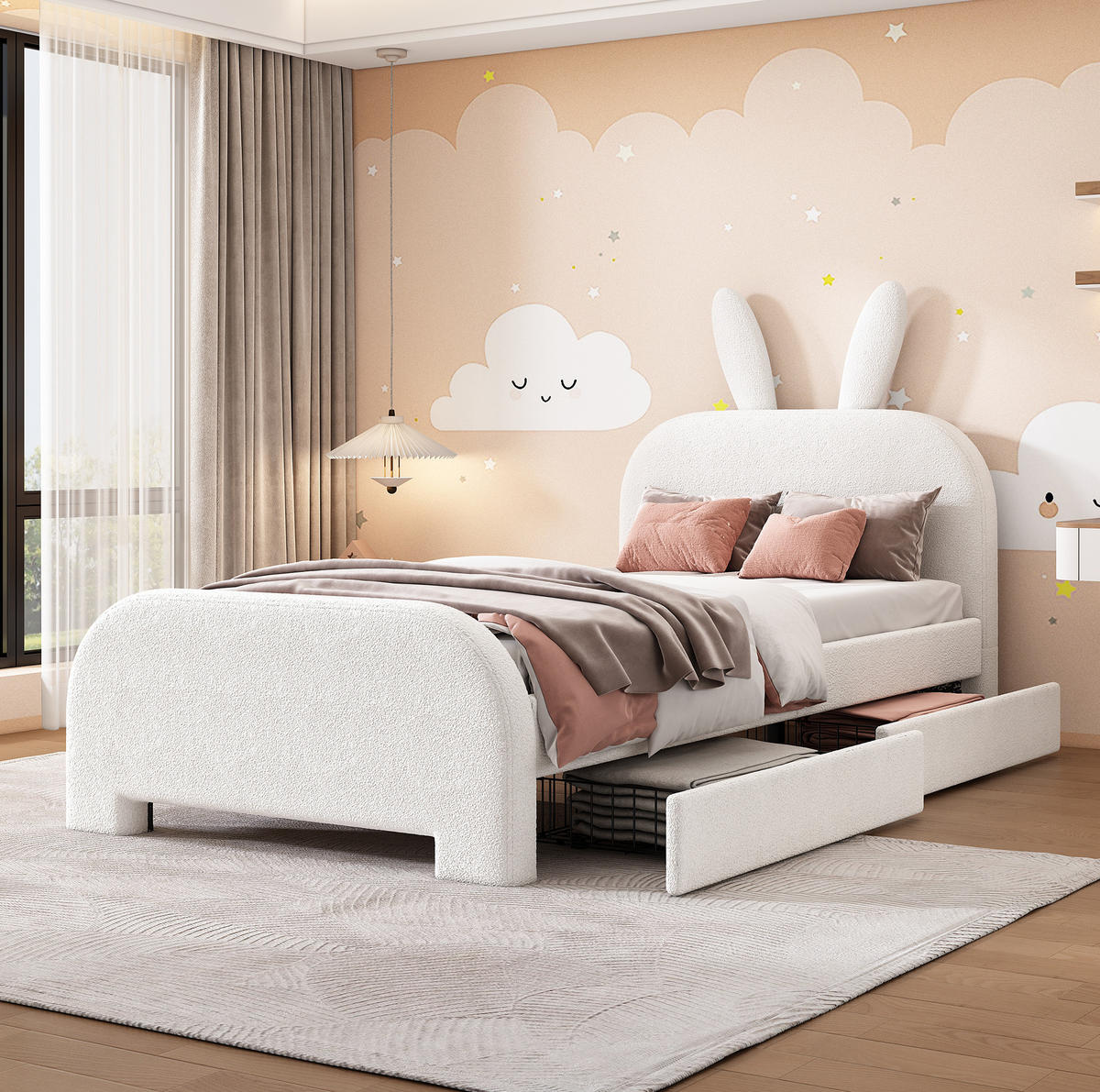 BETT 90/200 cm Weiß aus Plüsch und MDF mit 2 Schubladen - Weiß, Textil (90/200cm) - OKMYHOME