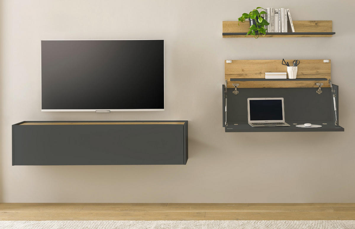 WOHNWAND grau matt, Eiche Wotan 270 cm, Wohnkombination hängend mit Sekretär - Eiche Wotan/Grau, Holzwerkstoff/Metall (270/170/30cm) - Furn.Design