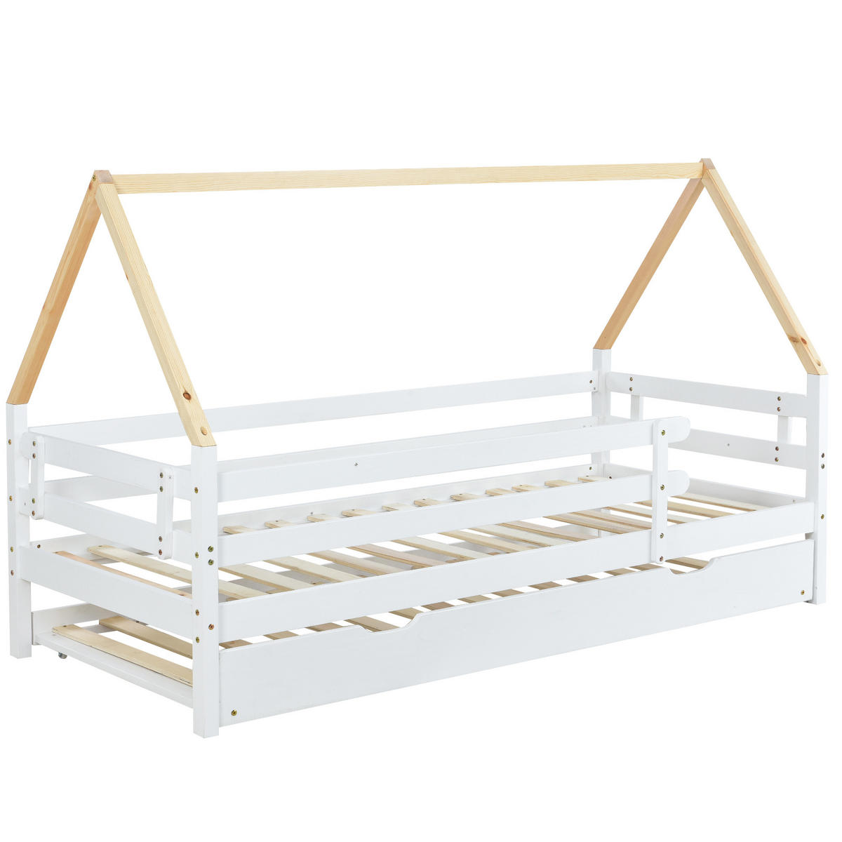 HAUSBETT 90/200 cm & 90/190 cm in Weiß & Natur mit Ausziehbett Massivholz - Weiß/Naturfarben, Holz (90/200cm) - CHICFURN