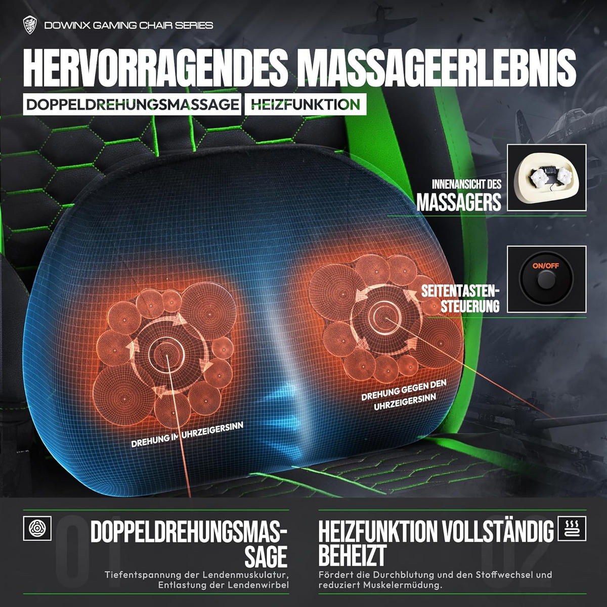GAMINGSTUHL & Beheizter Massage Lendenwirbelstütze Fußstütze - Grün, Leder (69/128/69cm)