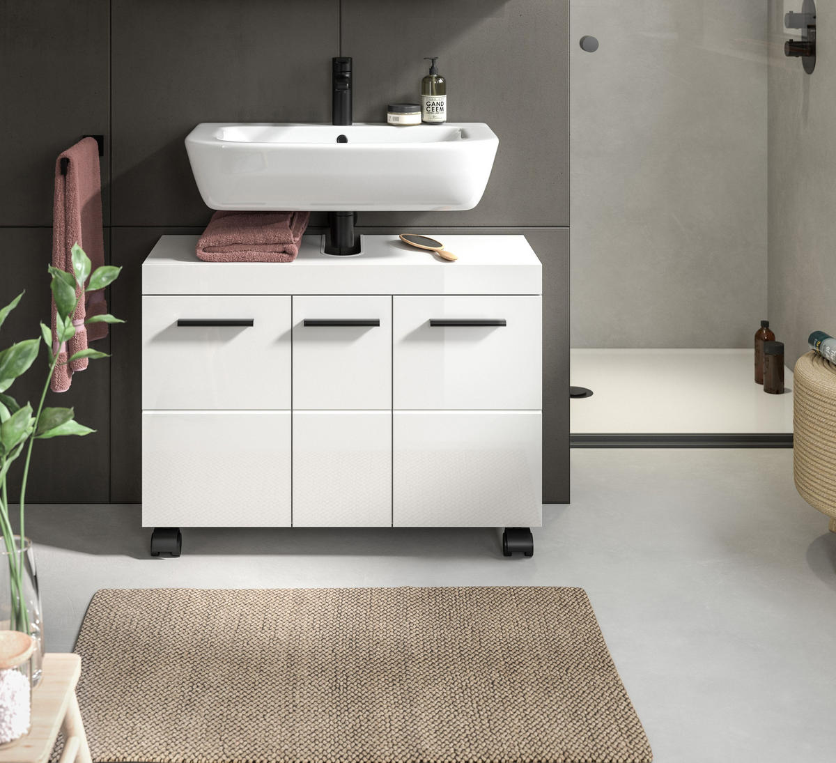 WASCHBECKENUNTERSCHRANK auf Rollen NOVA (B/H/T: ca. 80/58/30 cm) in Weiß/weiß hochglanz - Weiß, Holzwerkstoff (80/58/30cm)