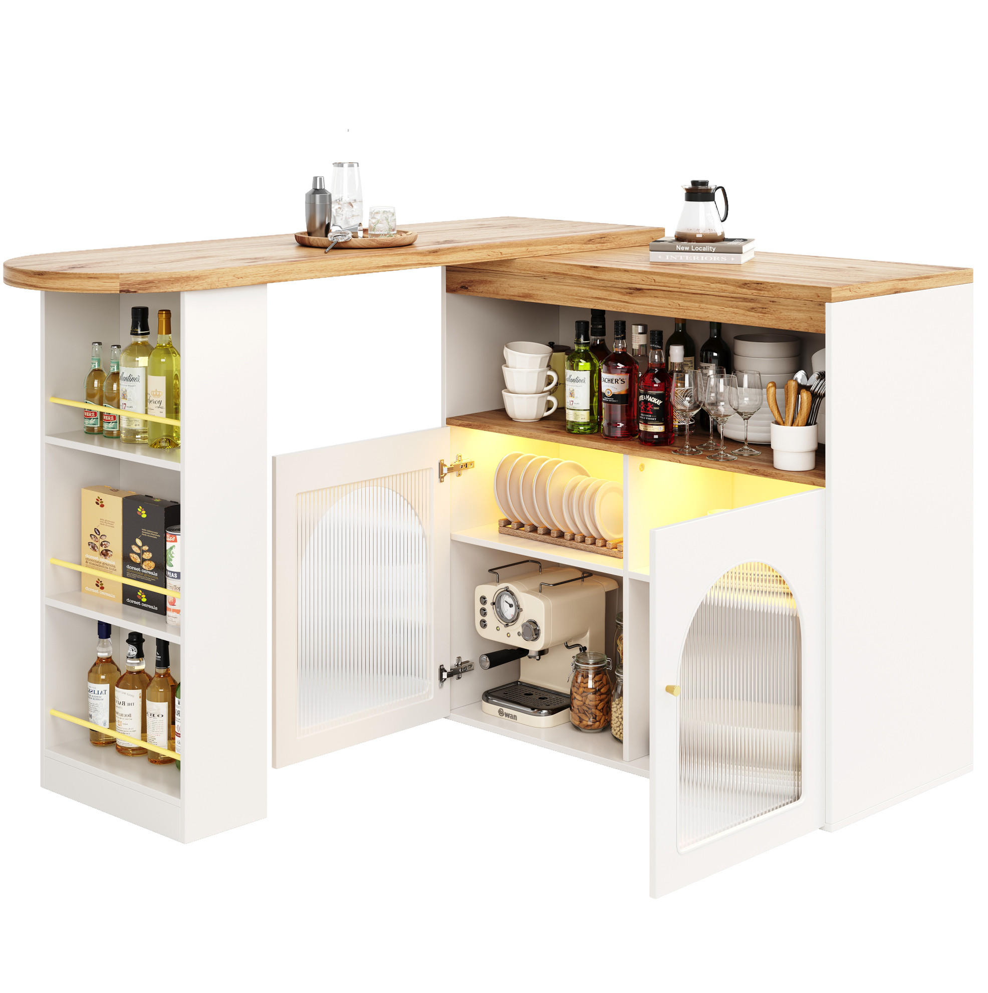 BARTISCH 138-193/39/105 cm in Weiß, drehbar mit Stauraum und LED - Weiß, Holzwerkstoff (39/193/105cm) - BEAOK