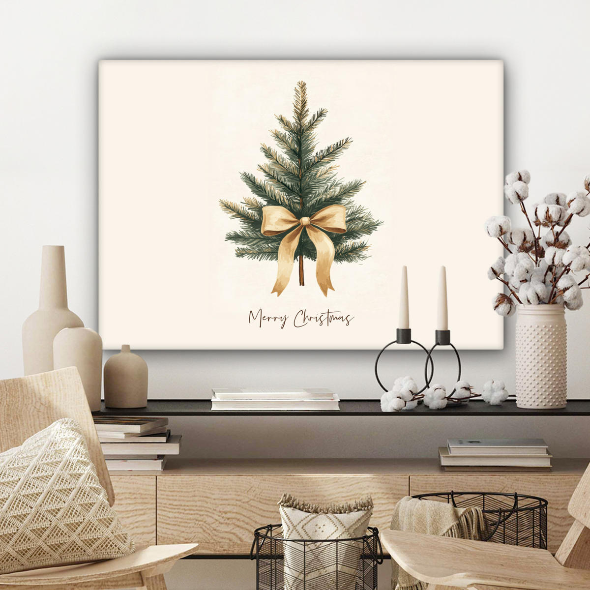 LEINWANDBILD Weihnachtsbaum - Weihnachten - Frohe Weihnachten - Beige Wandbilder 80x60 cm - Sandfarben, Textil (80/60cm) - MuchoWow