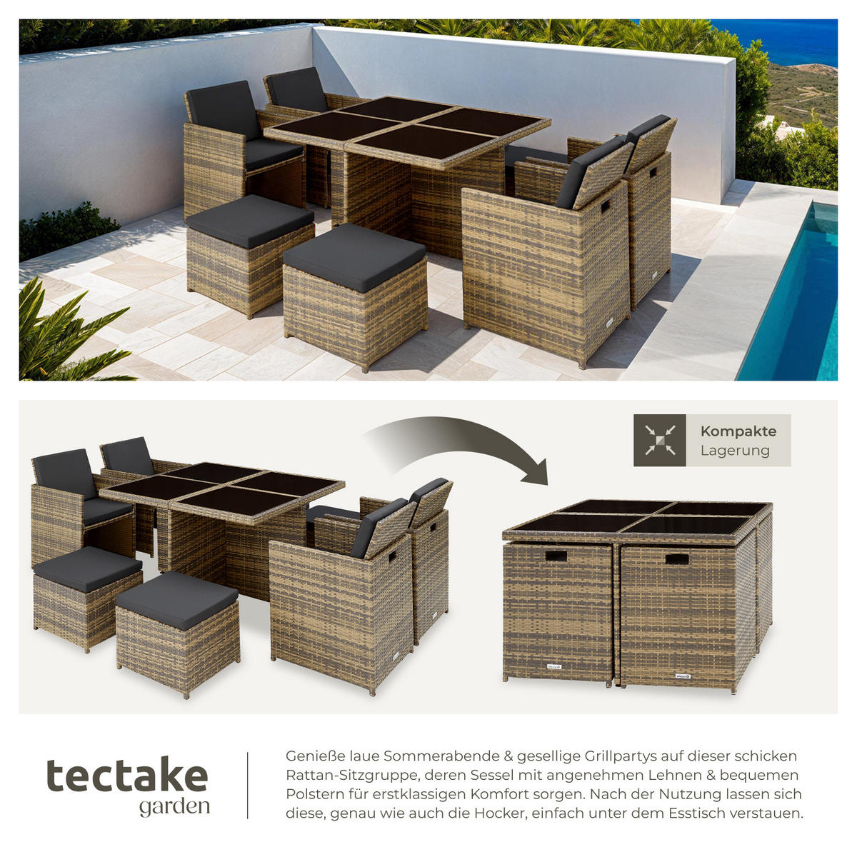 RATTAN SITZGRUPPE Manhattan,2 Bezugssets, zusammenschiebbar, inklusive Schutzhülle,natur - Naturfarben, Kunststoff - tectake