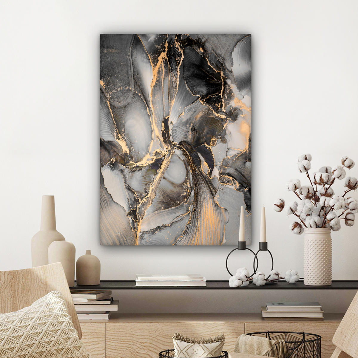 LEINWANDBILD Grau - Luxus - Gold - Marmor Wandbild Wohnzimmer 60x80 cm - Dunkelgrau, Textil (60/80cm) - MuchoWow