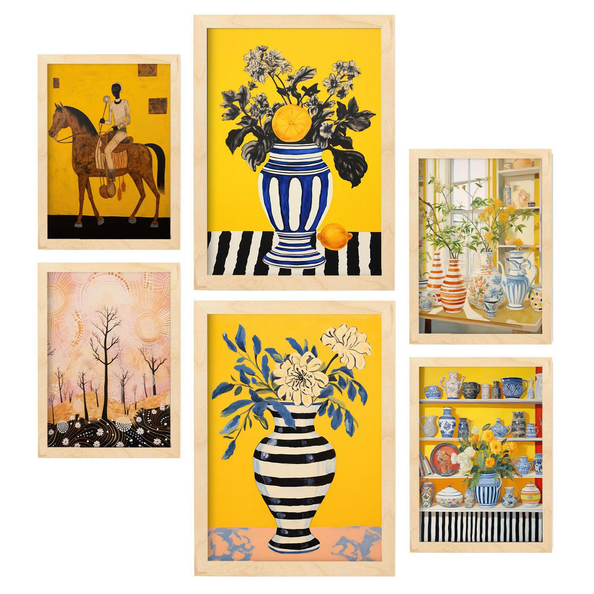 POSTER Set Mit 6 Kräftiger Lebendiger In Vielseitiger A3 & A4 Rahmen Aus Hellem Holz - Beige, Papier (29/3cm) - Nacnic