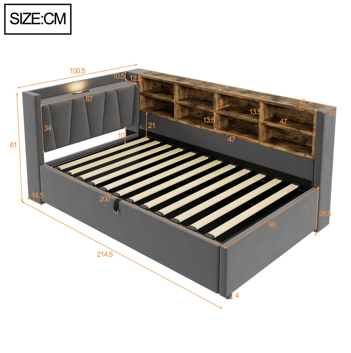 POLSTERBETT aus Samt 90x200 cm Grau mit hydraulischem Bettkasten, Nachtlicht und USB-/Typ-C-Anschluss - Grau, Textil (90/200cm) - Modfu