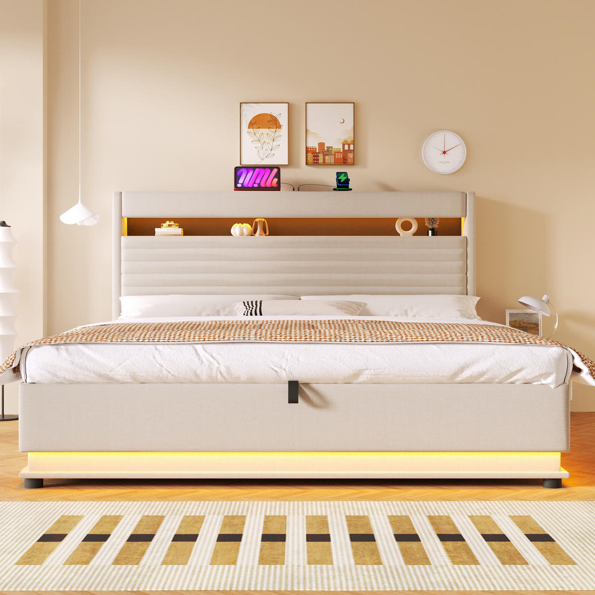POLSTERBETT mit LED und USB Beige 180x200 cm Textil - Beige, Textil (180/200cm) - SONNENH