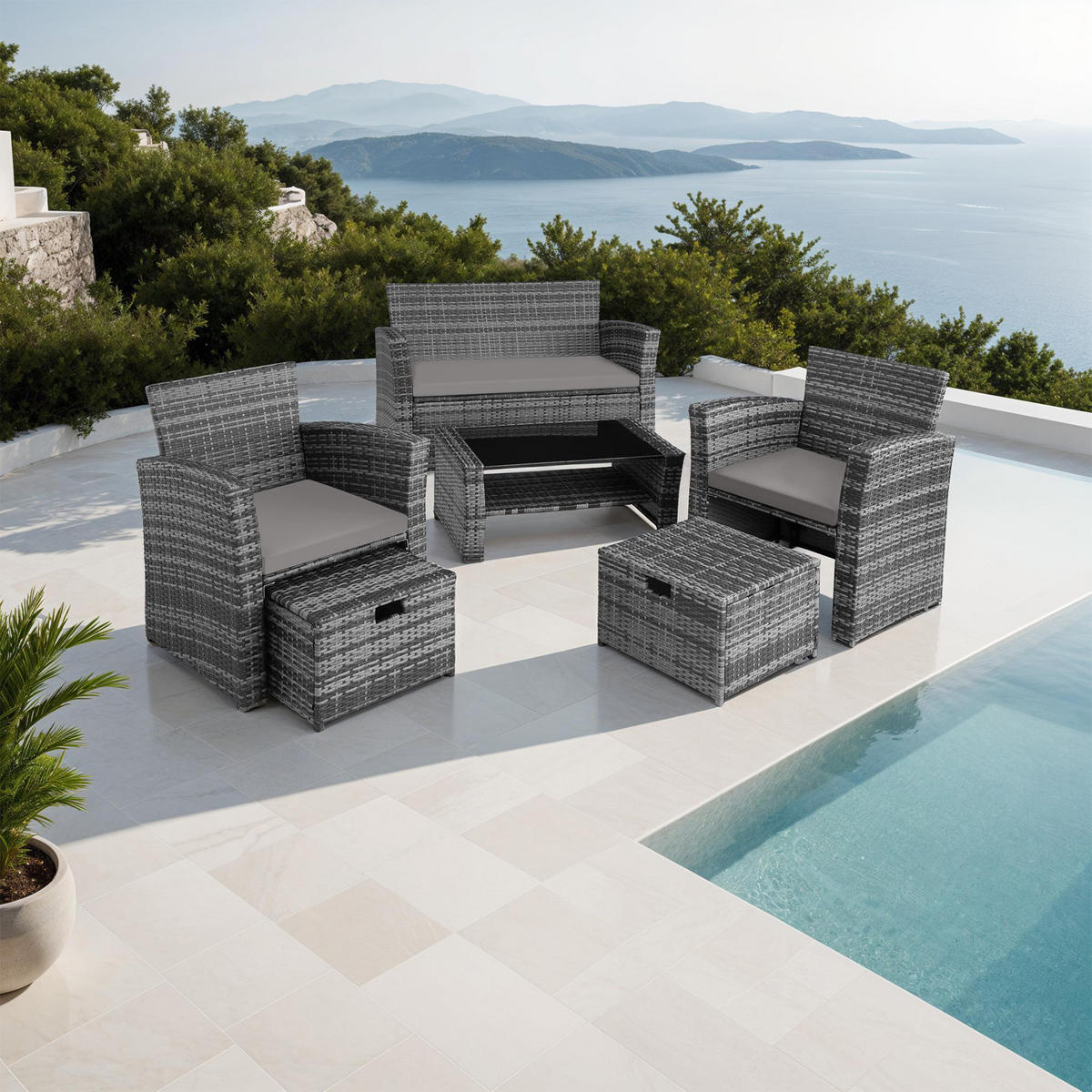 RATTAN SITZGRUPPE Modena,inklusive Staufach und Schutzhülle,grau - Grau, Kunststoff - tectake