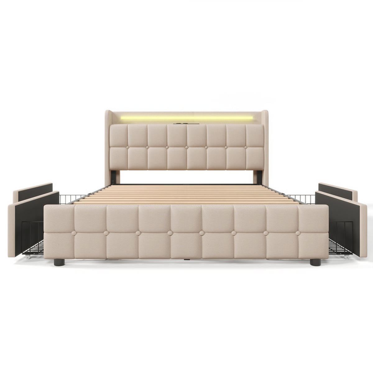 POLSTERBETT 140x200 cm, mit LED-Lichtleiste und 4 Schubladen, Lattenrost, Stauraumbett, Leinen, Beige, ohne Matratze - Beige, Holz (140/200cm) - WoodenAura
