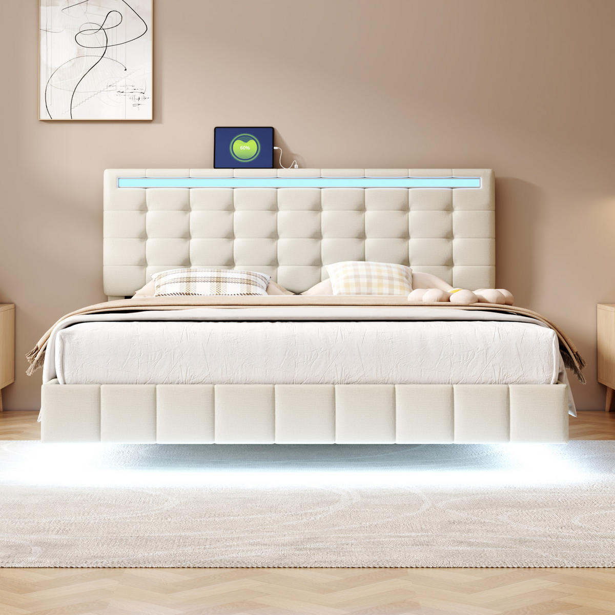 POLSTERBETT 160x200 cm beige Leinenoptik mit LED, USB-Anschlüssen & Lattenrost - Beige, Holz - SHOPENTRA