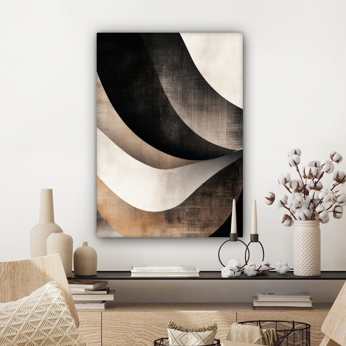 LEINWANDBILD Abstrakt - Wellen - Schwarz - Verwittert Wandbild Wohnzimmer 60x80 cm - Trüffeleichefarben, Textil (60/80cm) - MuchoWow