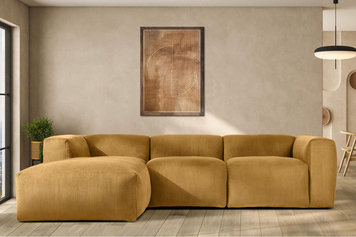 ECKMODULSOFA-LINKS BUFFO mit extrem weicher und bequemer Sitzfläche, Kordstoff, gelb - Gelb, Textil (297/180cm) - KONSIMO®