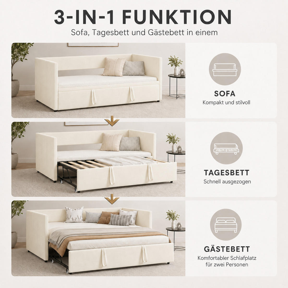 SCHLAFSOFA Samt creme ausziehbar mit Gästebett Funktion 3-fach umwandelbar Tagesbett mit Rollen - Beige, Metall (183/74/213cm) - Joyfair
