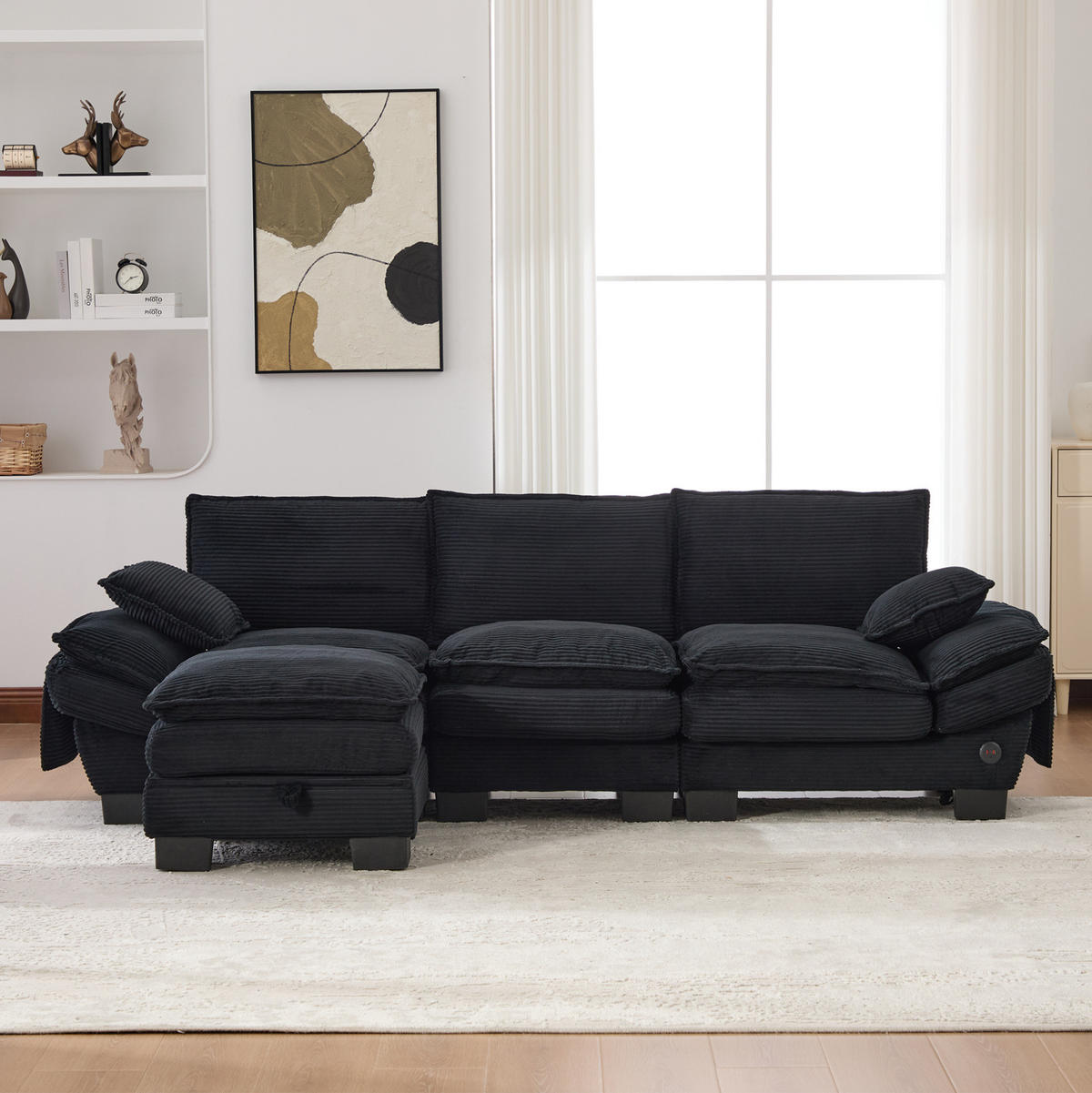 SOFA modulares 3-Sitzer mit Hocker 260 x 132 cm Corduroy Schwarz - Schwarz, Kunststoff (132/260.1cm) - Meubliv