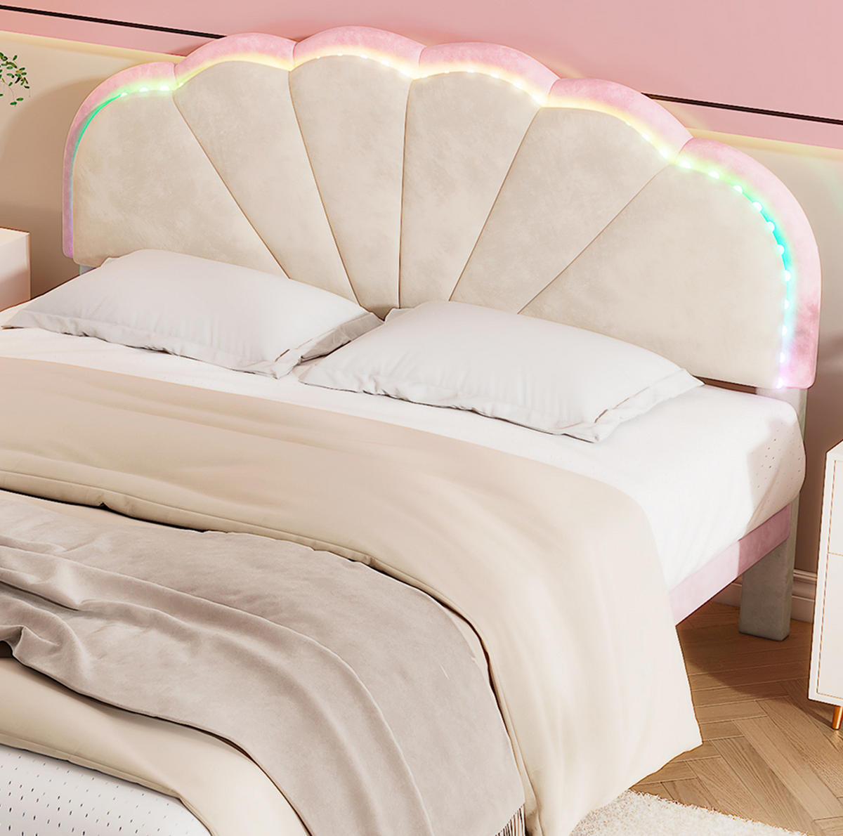 SAMT-POLSTERBETT 140/200 cm mit LED-Beleuchtung und gepolstertem Kopfteil - Beige, Textil (140/200cm) - BEAOK