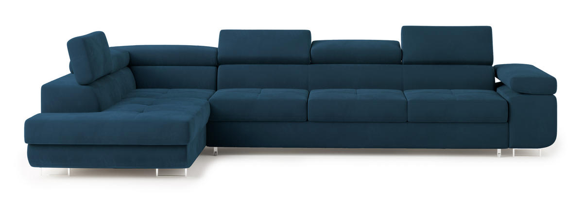 ECKSOFA VICENTE Blau Velours-Stoff mit Schlaffunktion - Blau, Holz (346/202cm) - MASSENO