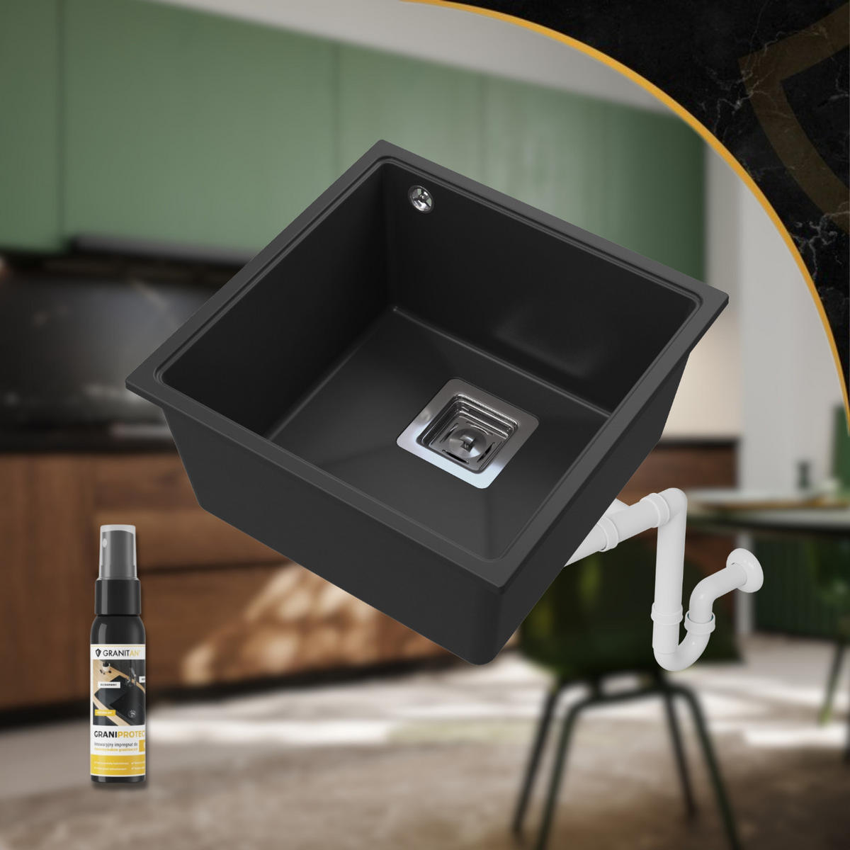 SPÜLBECKEN Napo 42 Schwarz 3 tlg. 420/420 mm Unterbau mit Siphon und Imprägnierung - Schwarz, Stein (42/42/20cm) - Granitan