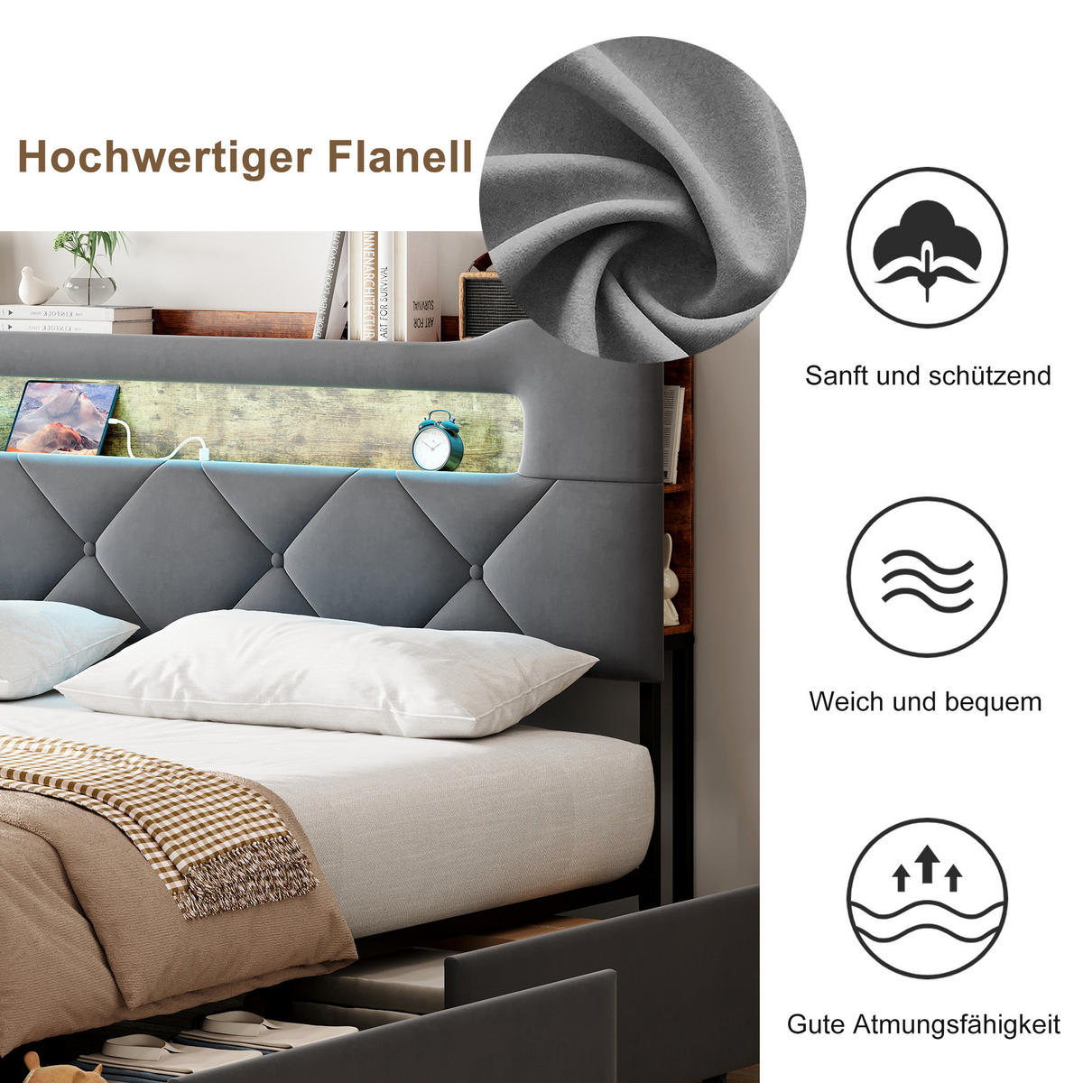 POLSTERBETT 160x200 cm Grau Samt USB 4 Schubladen Kopfteil - Grau, Holz (160/200cm) - SHOPENTRA