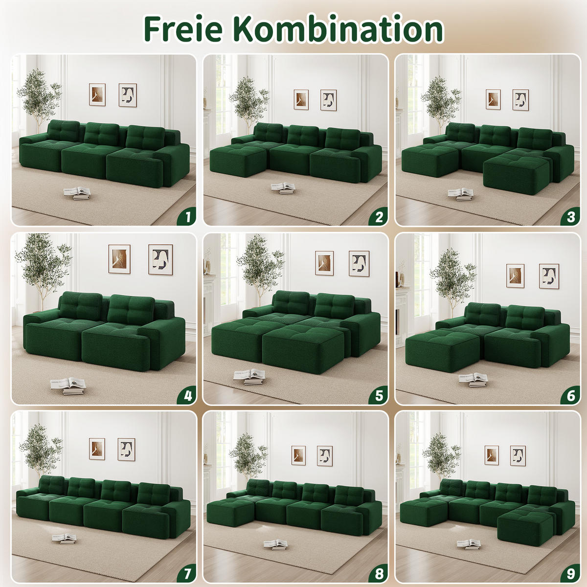 3-SITZER Sofa 293x177x69 cm aus Cordstoff rahmenlos modular mit 3 Hockern, grün - Grün, Textil (177/69/293cm)
