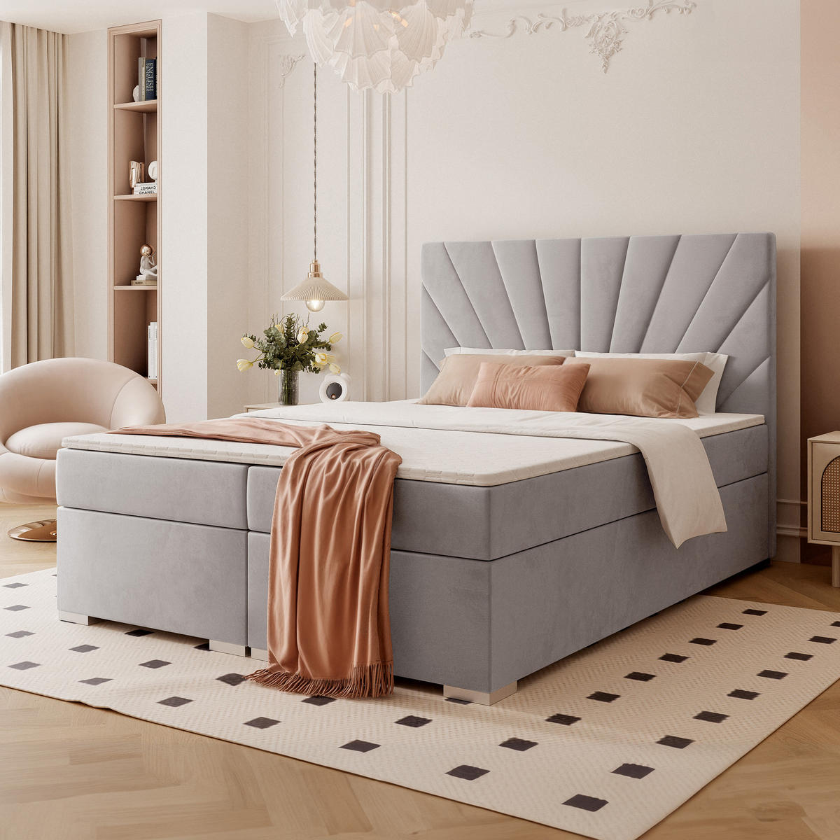 BOXBETT OASIS 140/200 cm mit Matratze und Topper, Grau - Chromfarben/Grau, Textil/Metall (140/200cm) - Idohome