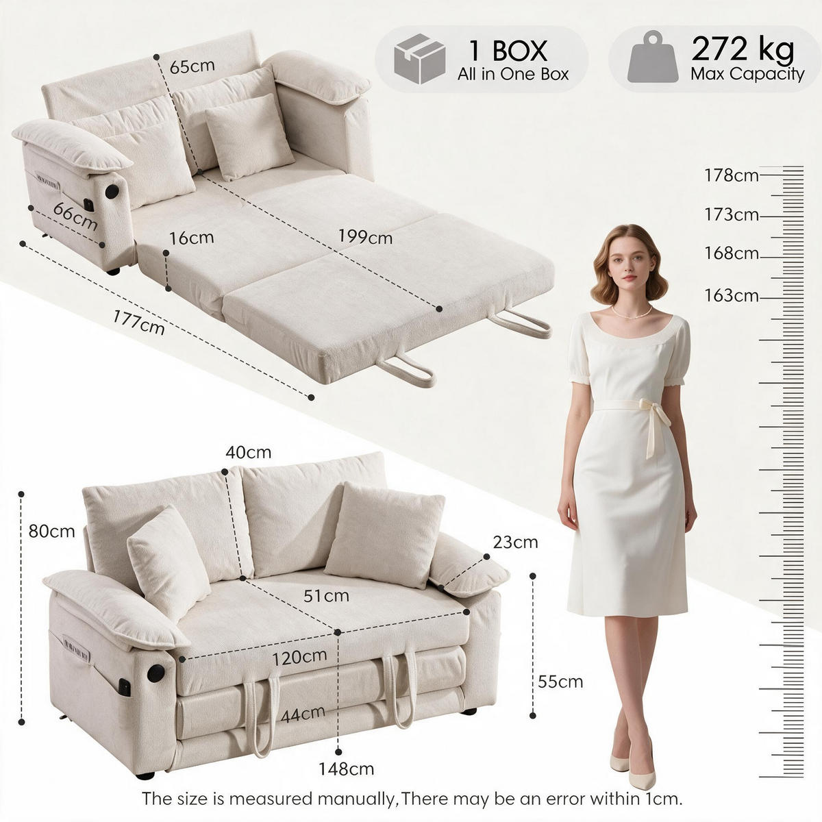 SCHLAFSOFA 138/66/80 cm Weiß Chenille mit Ausziehbares Bett und Seitentaschen - Weiß, Textil (66/80/135cm) - Oxeza
