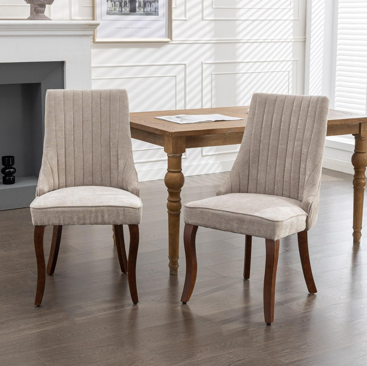 ESSZIMMERSTUHL 2er-Set mit hoher Rückenlehne Chenille Beige - Beige, Holz (50/95.5/64cm) - Meubliv