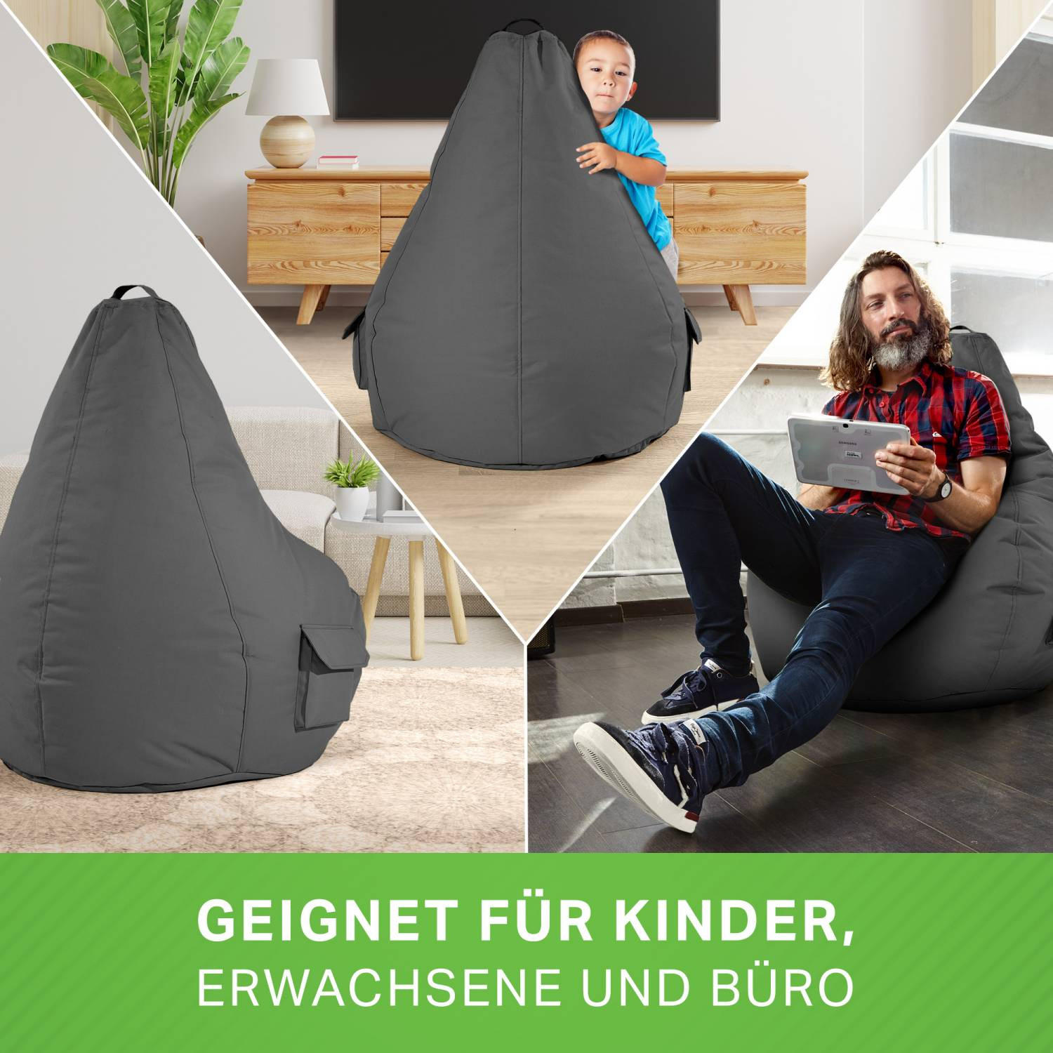 Thumbnail - Green Bean Sitzsack, Anthrazit, Textil, Füllung: Styroporkugeln, Oval, 70x90x80 cm, Hergestellt in Deutschland, Wohnzimm...