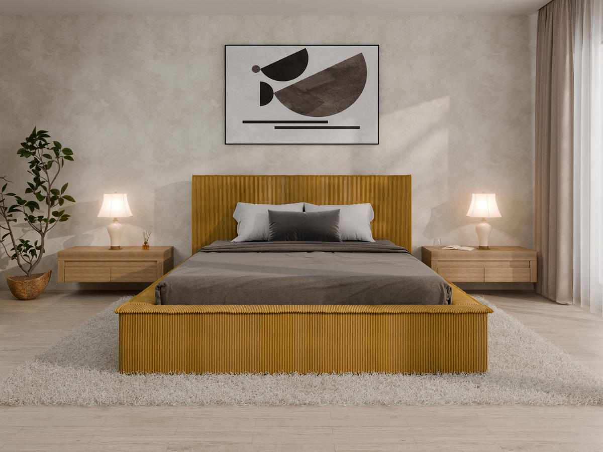 POLSTERBETT SANA 160x200cm Elegantes Polsterbett für modernen Wohnstil , Taschenfederkernmatratze mit kokos KORNOS (20cm), Currygelb - Currygelb, Holz (160/200cm) - Panda Möbel