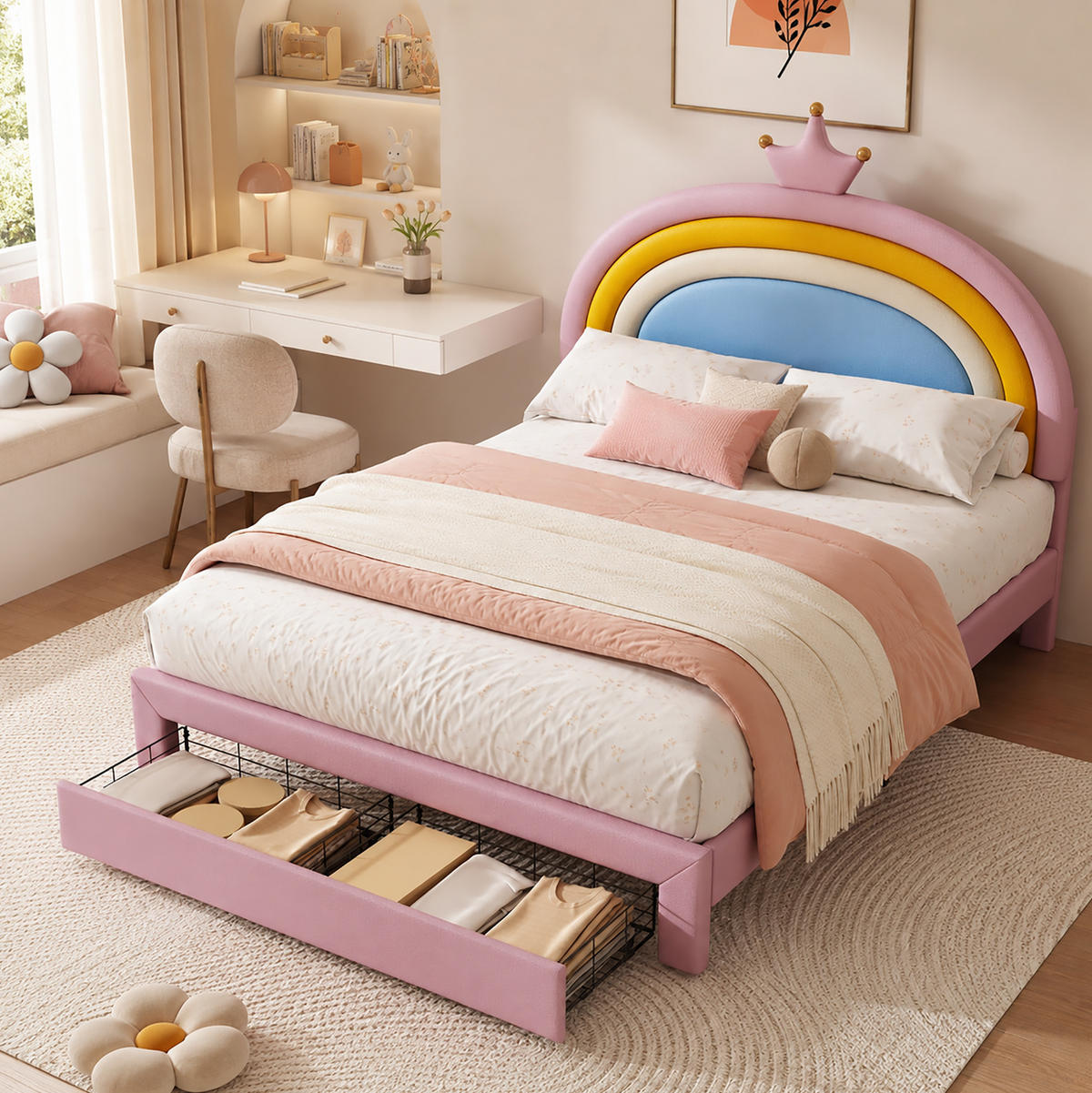 KINDER-POLSTERBETT aus PU 140x200 cm Rosa mit höhenverstellbarem Regenbogen-Kronen-Kopfteil und Schubladen - Pink, Kunststoff (140/200cm) - Modfu