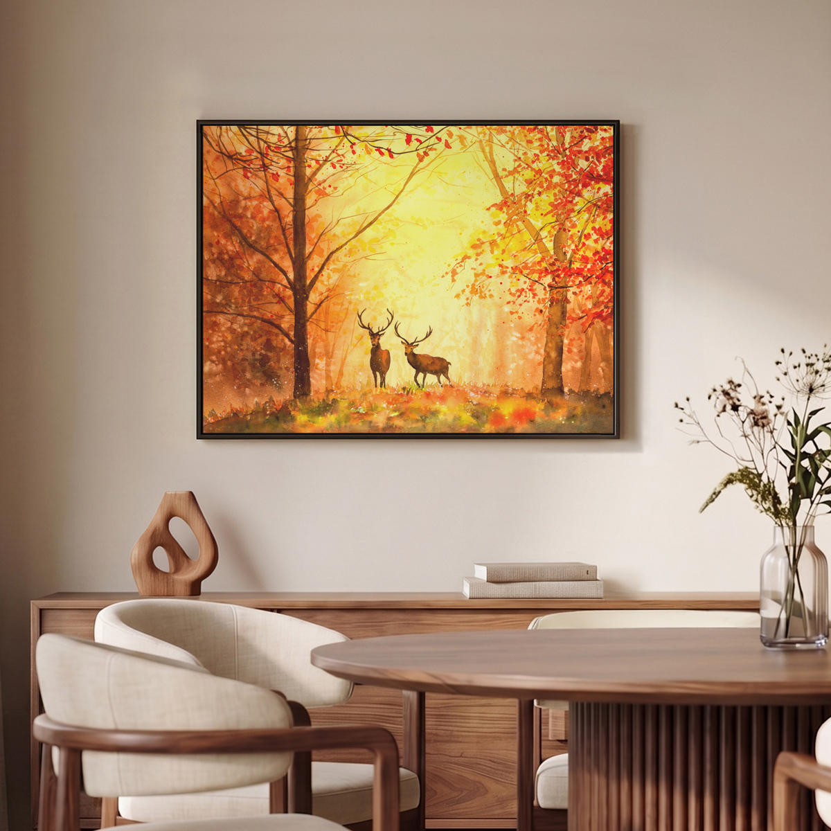 LEINWAND Bilder mit Rahmen - Natur - Ölfarbe - Hirsche - Tiere - Herbst - Orange - 80x60 - Orange, Textil (80/60cm) - MuchoWow