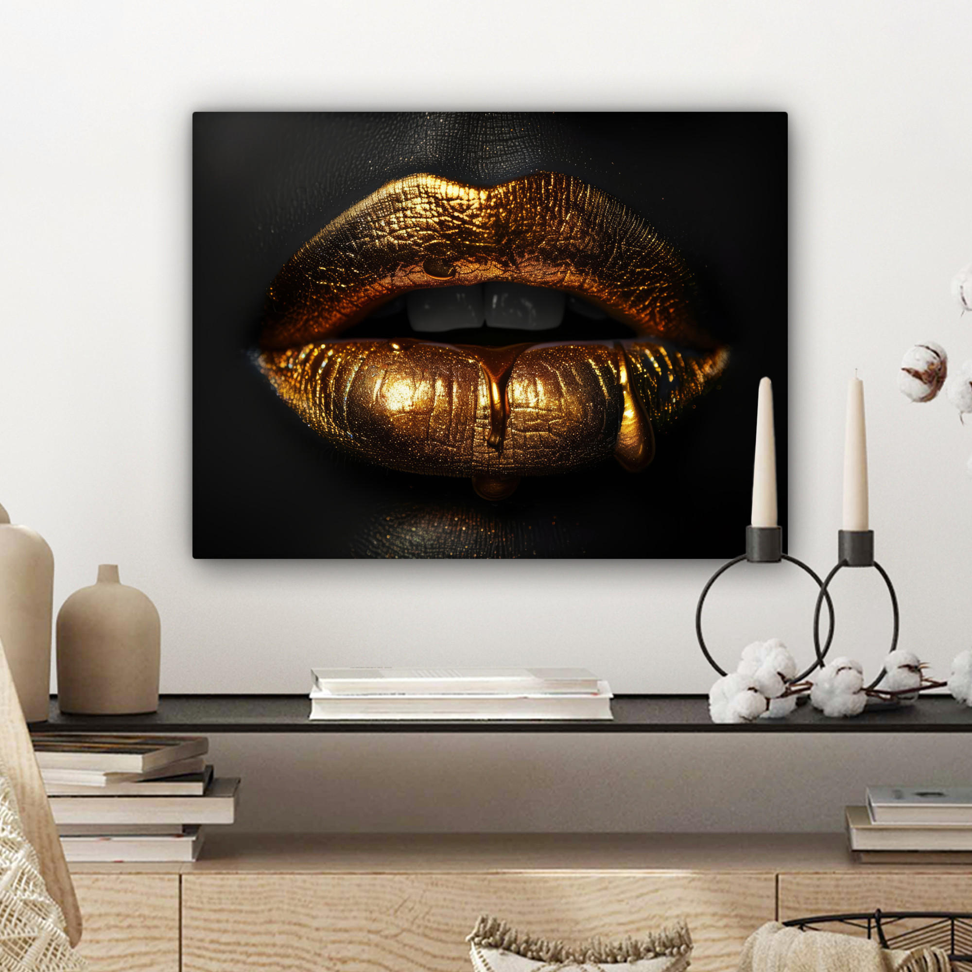 LEINWANDBILD Frau - Porträt - Lippen - Gold - Schwarz 40x30 cm - Schwarz, Textil (40/30cm) - MuchoWow