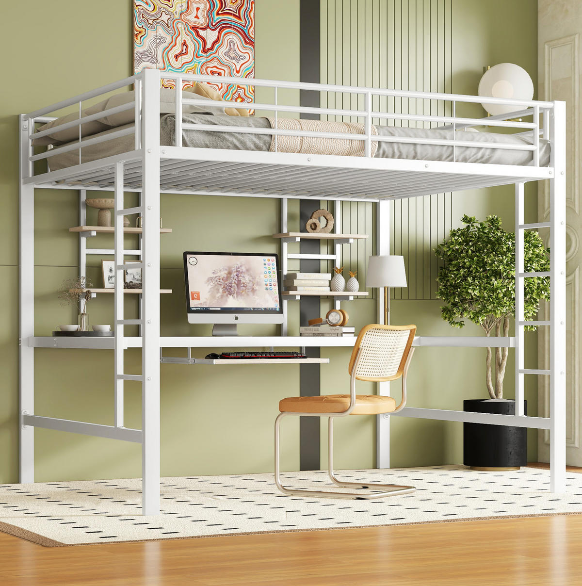 HOCHBETT 140/200 cm Weiß aus Metall mit Schreibtisch und 2 Regalen - Weiß, Metall (140/200cm) - OKMYHOME