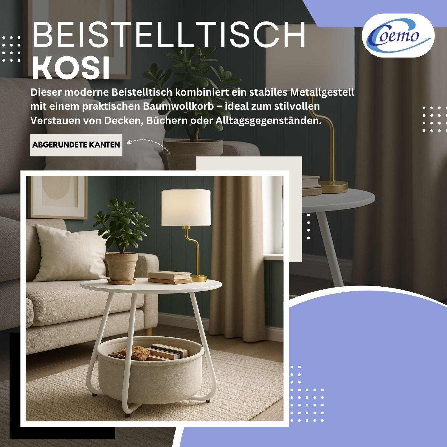 COUCHTISCH KOSI Metall mit Aufbewahrungskorb Canvas Weiß - Weiß, Metall (50/50/45cm) - Coemo