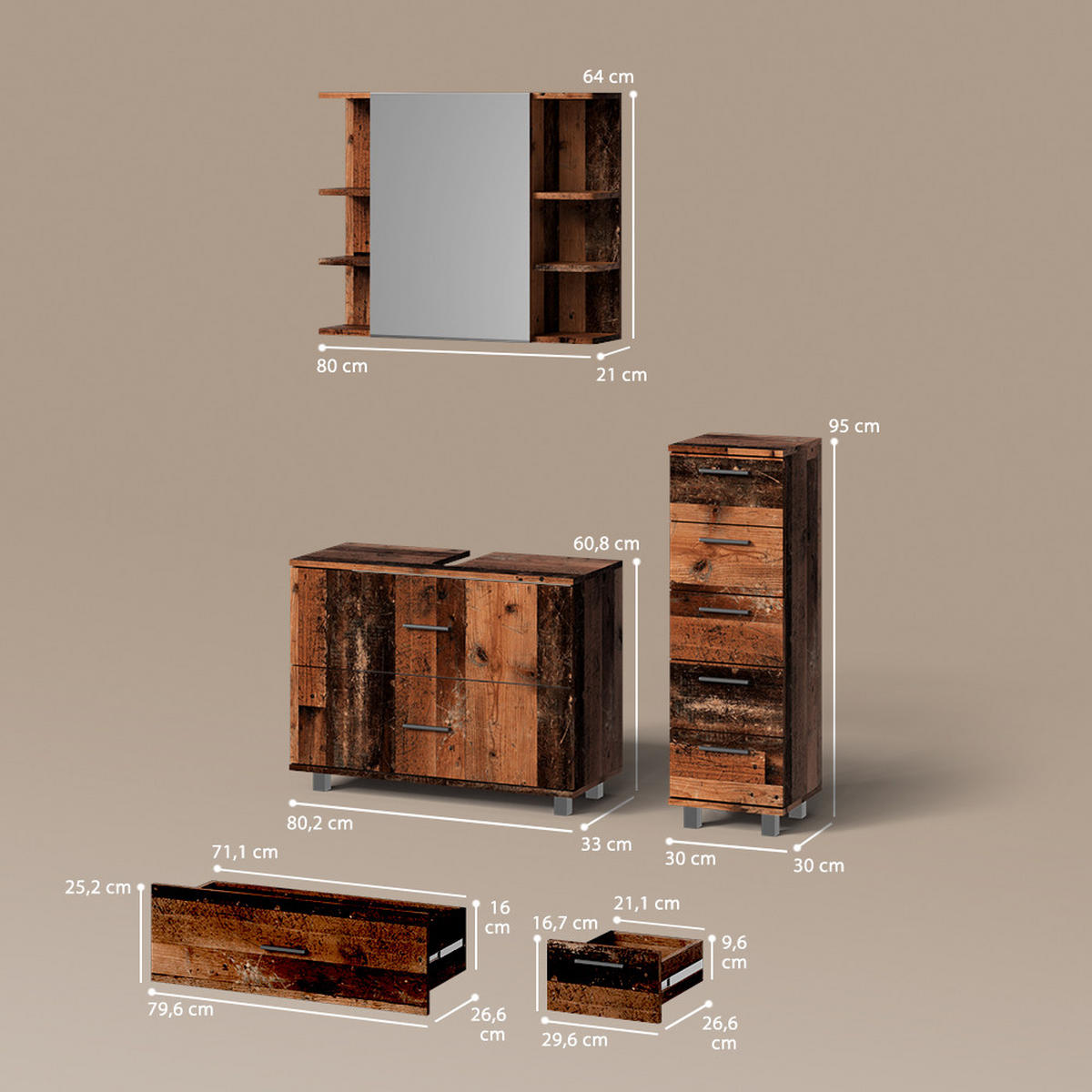 BADMÖBEL-SET Eisak Eiche rustikal 3 Teile, mit Unterschrank 80 cm - Wildeiche, Holzwerkstoff (80/60/33cm) - Livinity®