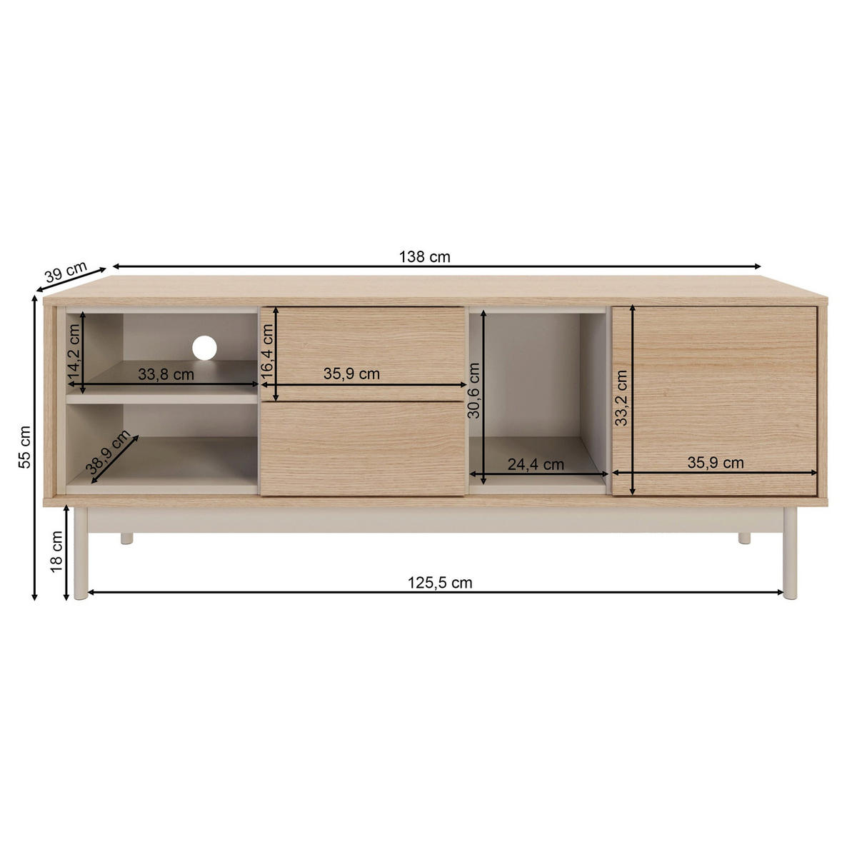 TV stolek Layen dřevodekor dub / kašmírově šedý 138/55/39 cm - béžová/barva dubu, kov/kompozitní dřevo (138/55/39cm) - Selsey