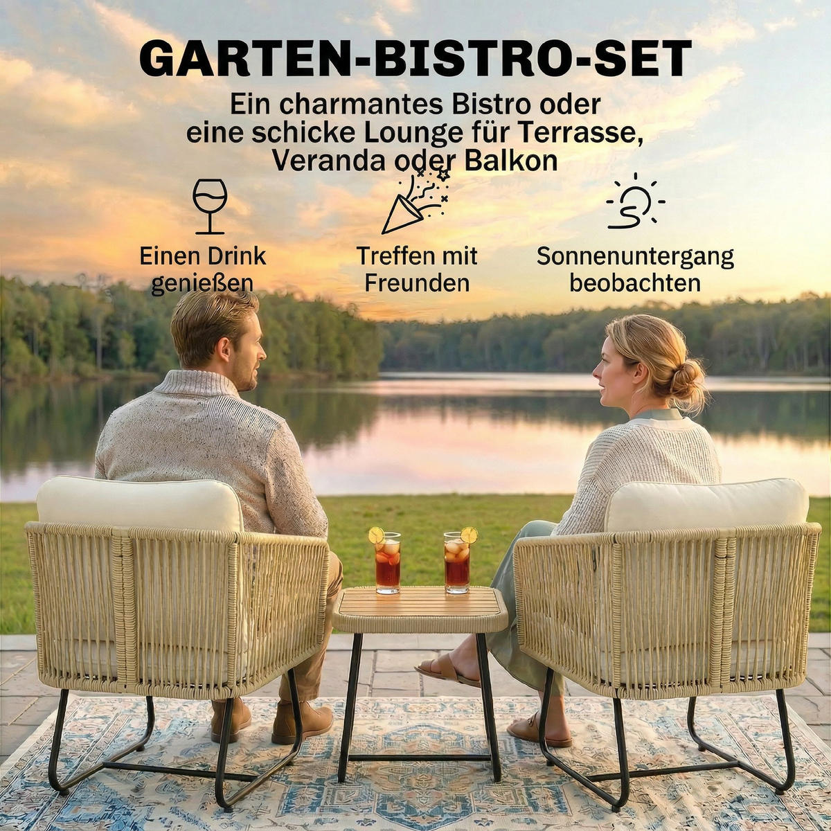 RATTAN-SITZGRUPPE 3er Set PP-Rattan Stahl Cremeweiß - Beige/Creme, Textil/Metall - Outsunny